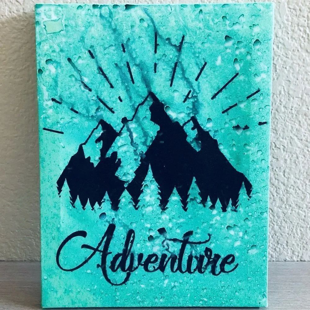 “Adventure” Teal Green Mountains Canvas Decor Sign